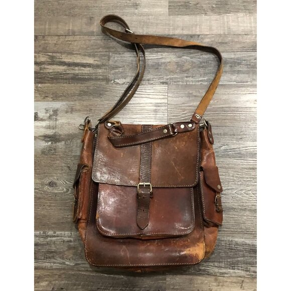 Brown Leather Shoulder Crossbody Messenger Bag with Front Pocket - Picture 1 of 5